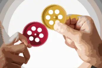 image of two hands, holding two gears together